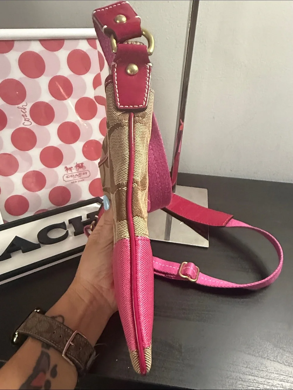 Coach Vintage Signature Stripe Canvas Crossbody with Pink Leather Trim